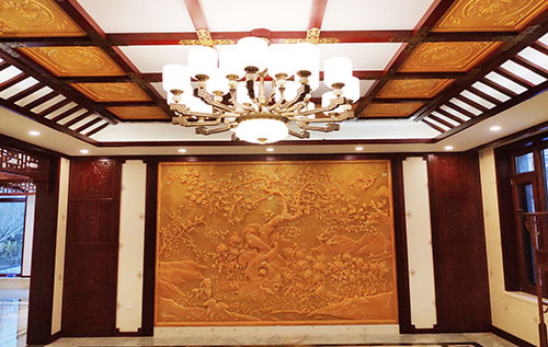 潮州中式别墅客厅中式木作横梁吊顶装饰展示
