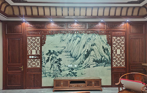 潮州中式仿古别墅客厅背景墙花格木作装饰